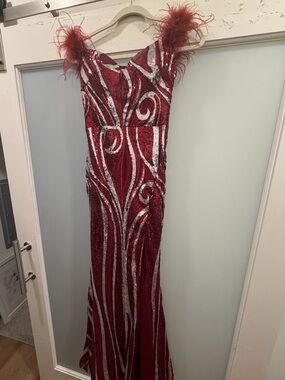 Red Sequin Feather Strap Prom Dress
